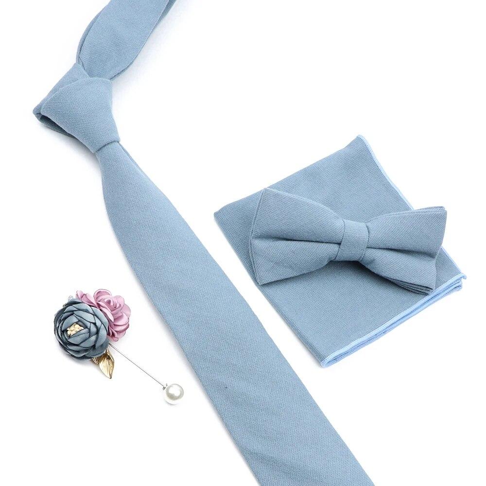 Solid Color Cotton Necktie Set For Men Tie 4pcs Hanky Cufflinks Rhinestone FLoral Brooch Tie Set