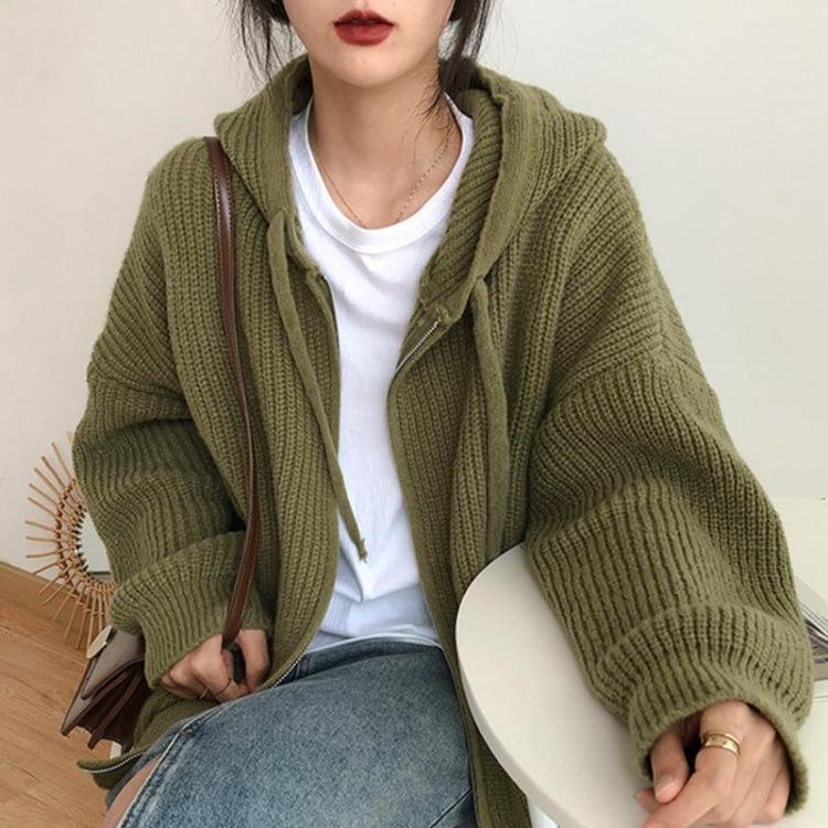 Loose Knitted Hooded Sweater Cardigan Coat Solid Color Womens Top