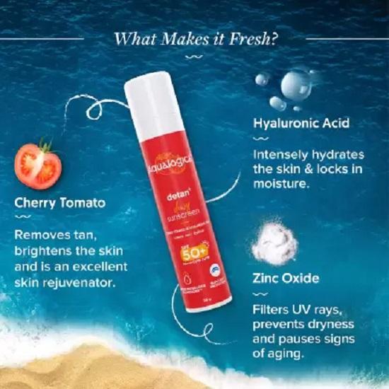 Aqualogica Detan Dewy Sunscreen SPF 50 PA++++ with Cherry Tomato Reduces Tan 50g (Pack of 2)