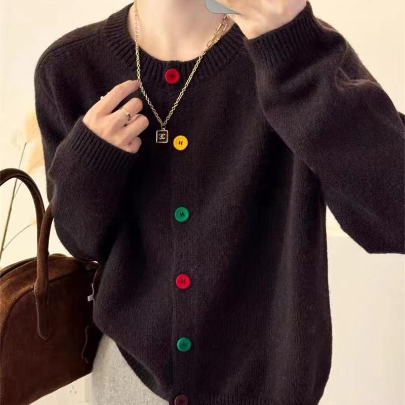 

Мягкий универсальный однобортный свитер с длинными рукавами и круглым вырезом, женский свободный жакет с цветными пуговицами, вязаные топы One size темно-коричневого