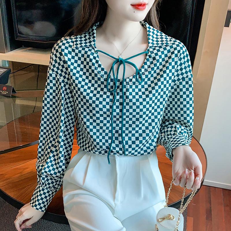 Women Blouses Shirts 2025 Spring Long Sleeve Women Blouse Shirt O-Neck Plaid Chiffon Blouse Shirt Women Tops J585