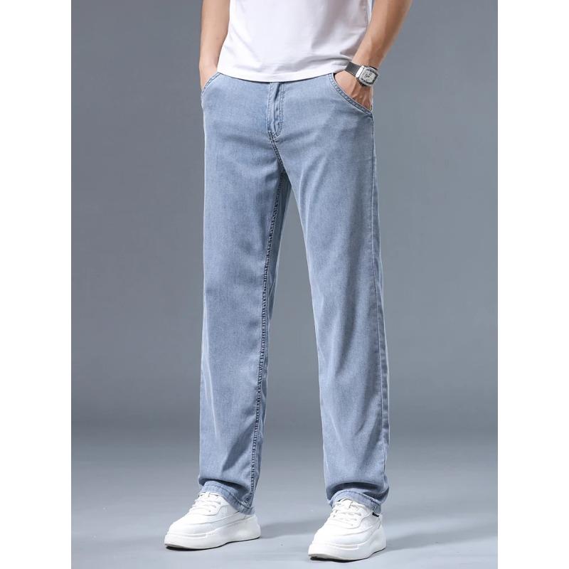 Summer Ultra-thin Men's Jeans Lyocell Soft Breathable Loose Straight Light Blue Denim Pants Business Casual Ice Silk Trousers