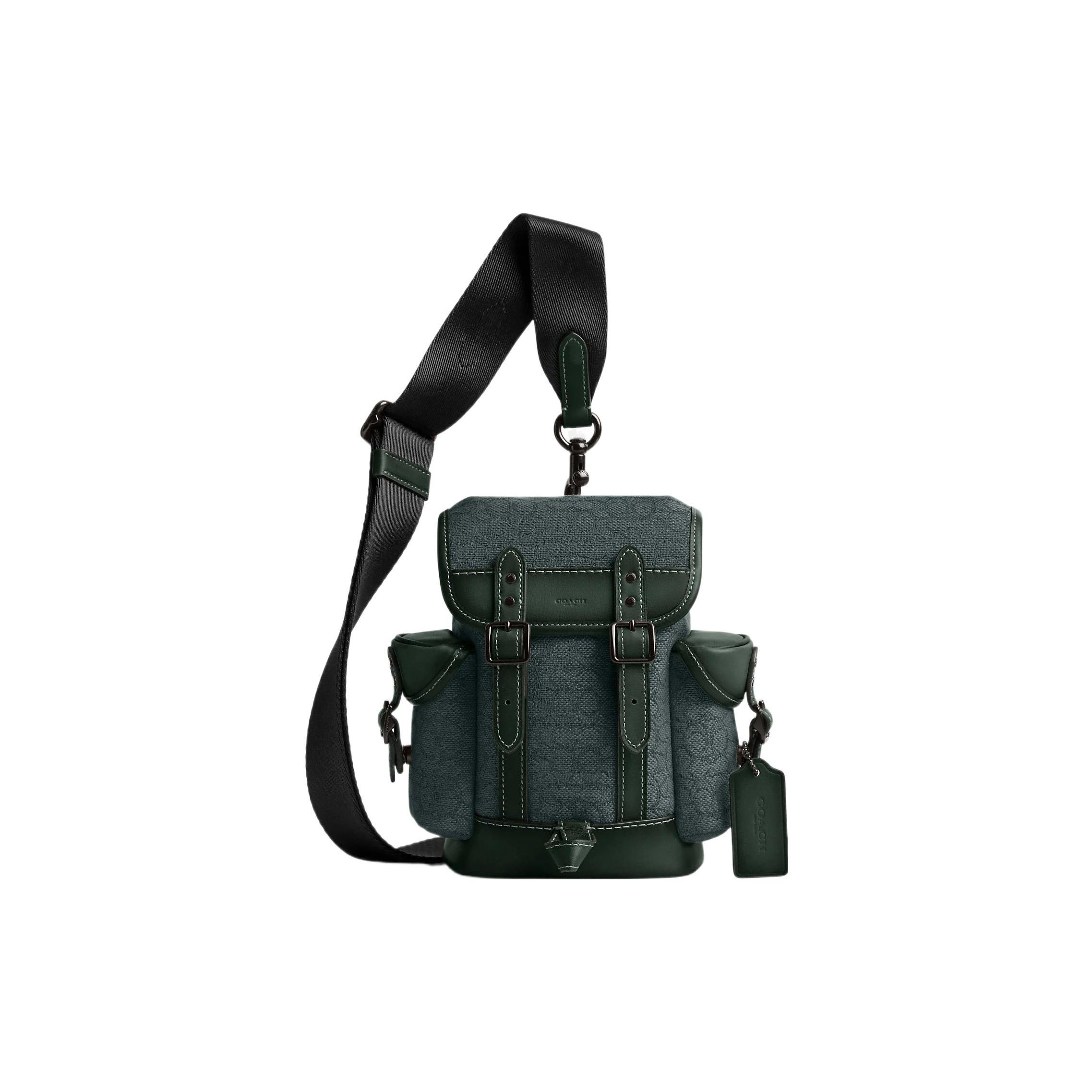 Coach Hitch 13 Classic Monogram Logo Snap Multifunction Pocket Flap Jacquard With Calfskin Mini Crossbody Bag Men crossbody bag Green CM374-RFT Basic Set (Bag+Dust Bag)