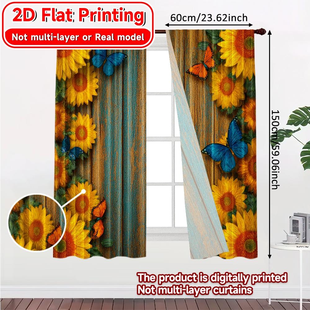 Set Of 2 Flat Printing Butterfly Sunflowers Pattern Curtains Polyester Decorations Kitchen Bedroom Modern Made Master Window Treatment