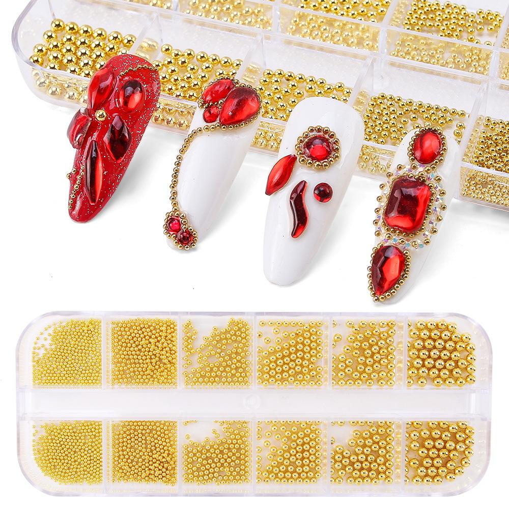 12 Grilă Aur Argint, Nail Art Bile de oțel Bijuterii Mixte Diy Accesorii pentru manichiură Set de decorare a unghiilor