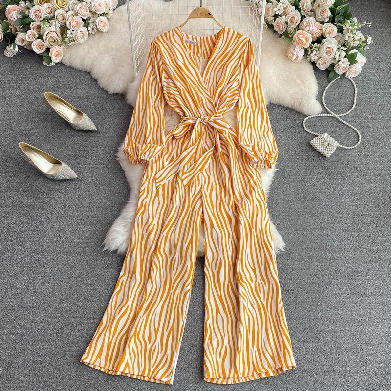 

K-style Fashion V Neck High Waist Slim Looking Gingham Jumpsuit Orange All yards