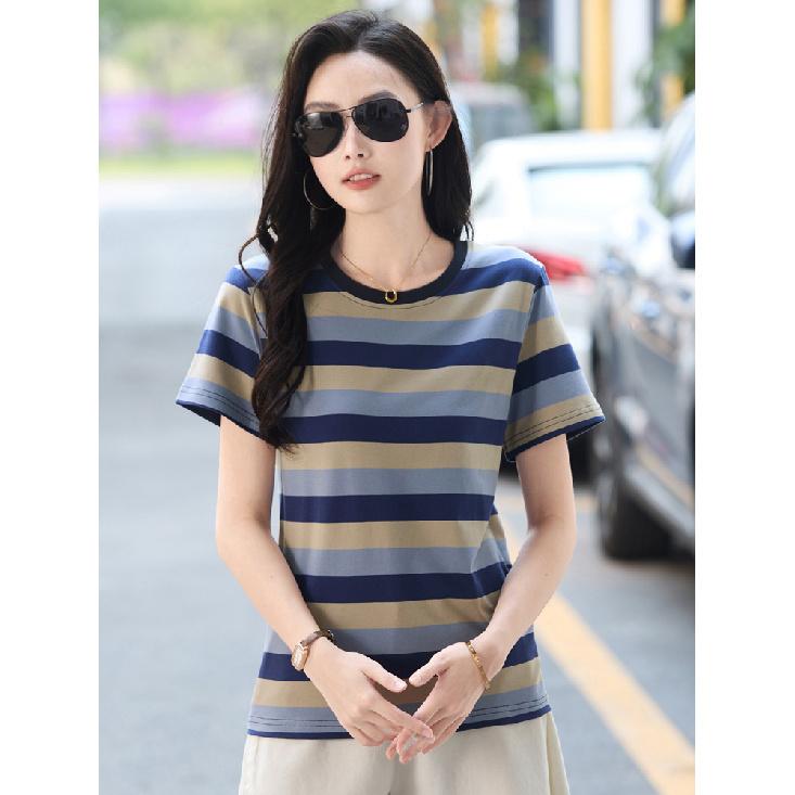 Tricou Casual de Vară cu Dungi Albastre pentru Femei, Mânecă Scurtă, Gât Rotund, Simplitate, Modă, Mărimi Mari, Animat Digital