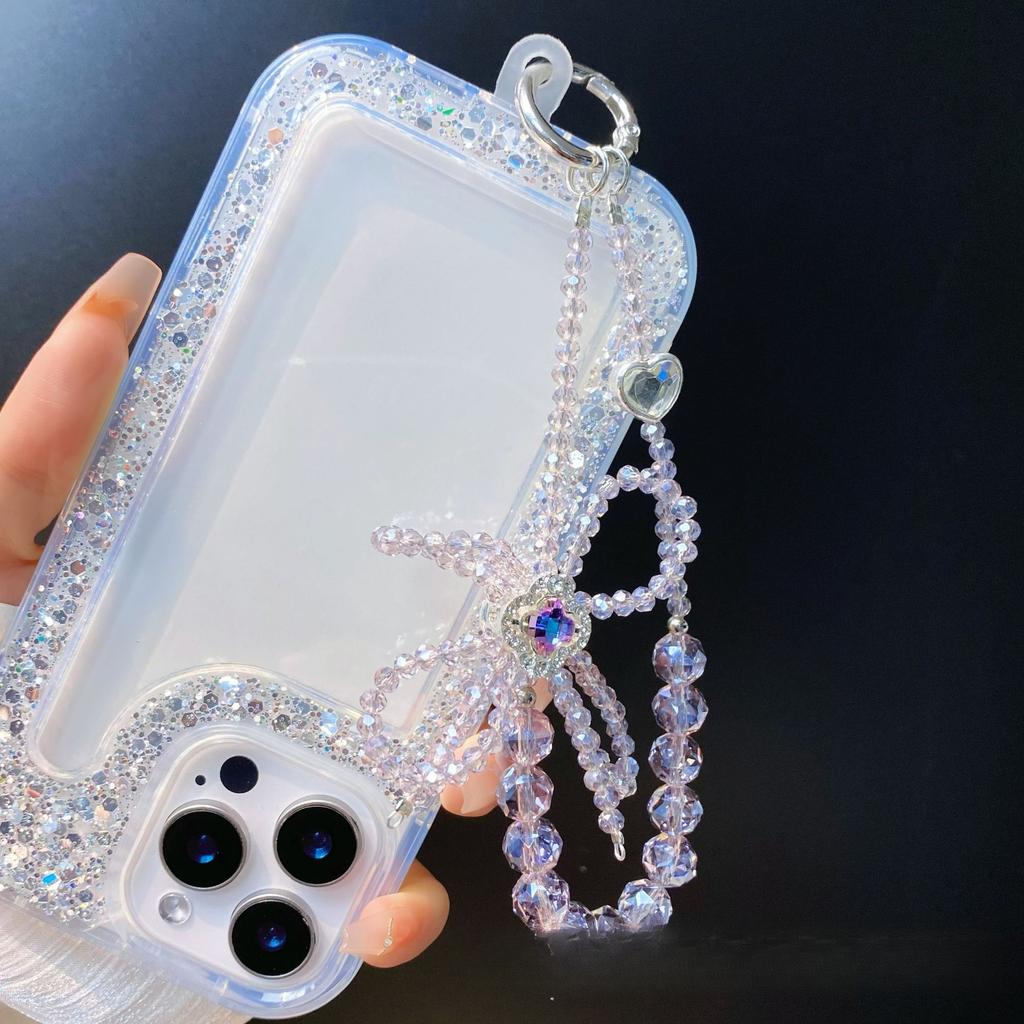 Four-leaf Clover Inlaid Zircon Phone Chain Flower Ball Crystal Bead Creative Bowknot Hanging Chain Car Keychain Jewelry for Women