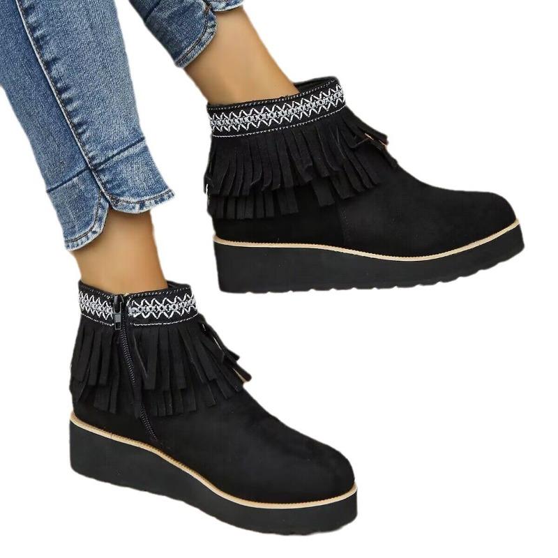 Autumn and winter new sweet fringed boots women's slope heel platform short boots matte large size boots shoes