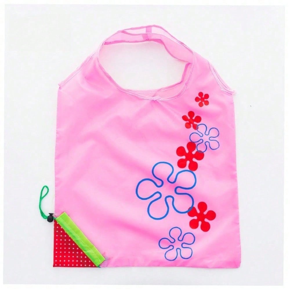 

1pc Reusable Grocery Shopping Bag | Leak Proof, Square Shape, Foldable Tote With Cute Strawberry Design And Clutch Accessory рожевий