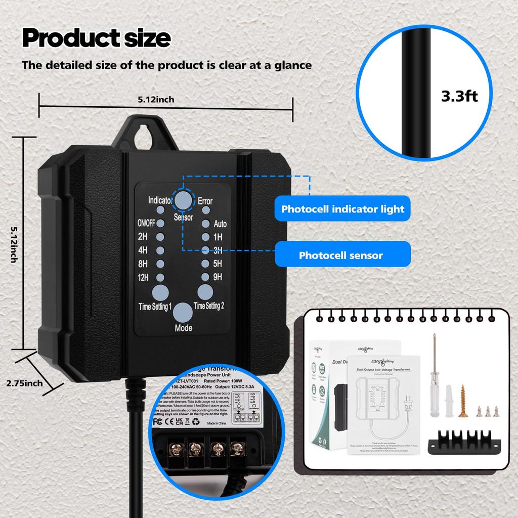 SMY Lighting 100W Outdoor Low Voltage Transformer with Timer and Photocell Sensor,120V AC to 12V DC Weatherproof for LED Landscape Lighting,Deck