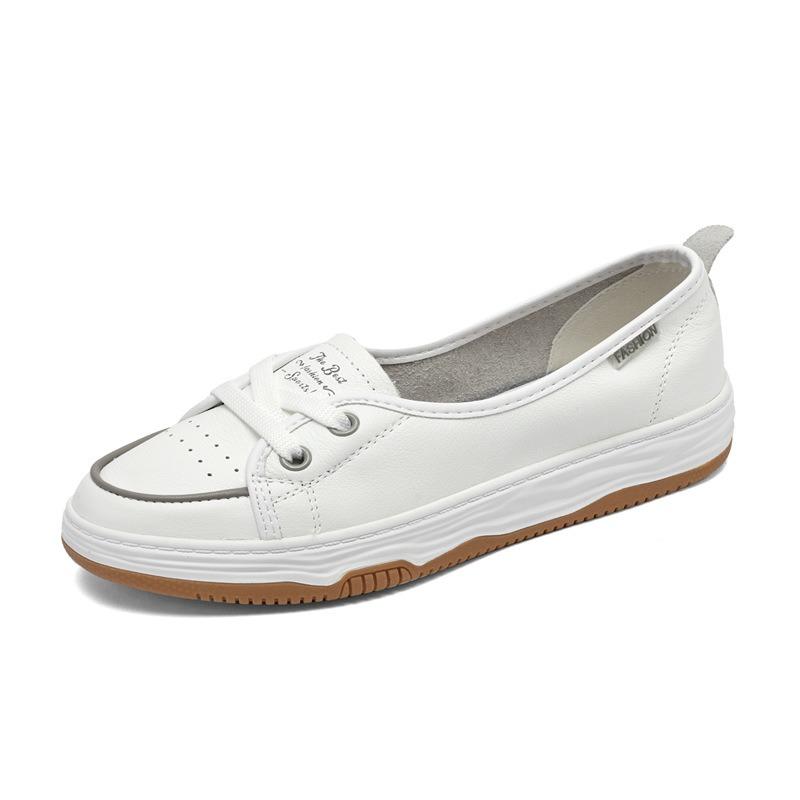 Leather little white shoes women's shallow mouth spring and summer new breathable single shoes one pedal flat baseplate shoes large size