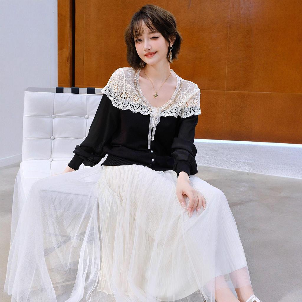 Elegant French Knit Lace Patchwork V-Neck Pearl Button Long Sleeve Cardigan
