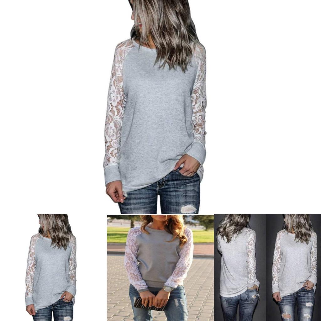 Korean Style Womens Lace Panel Long Sleeve Slim Fit Blend Round Neck Casual Top