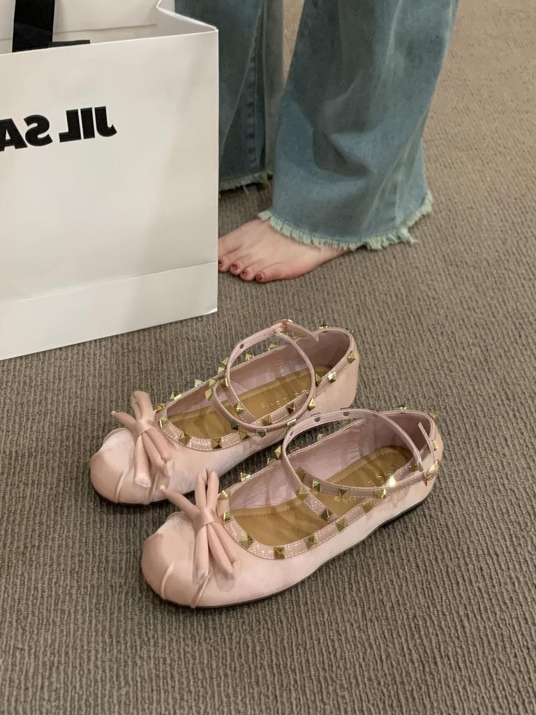 Xieyiren Fairy Rivet Ballet Shoes Girl 2025 Summer and Autumn New Bow Evening Wind Heightening Ladyshoes Single Shoes
