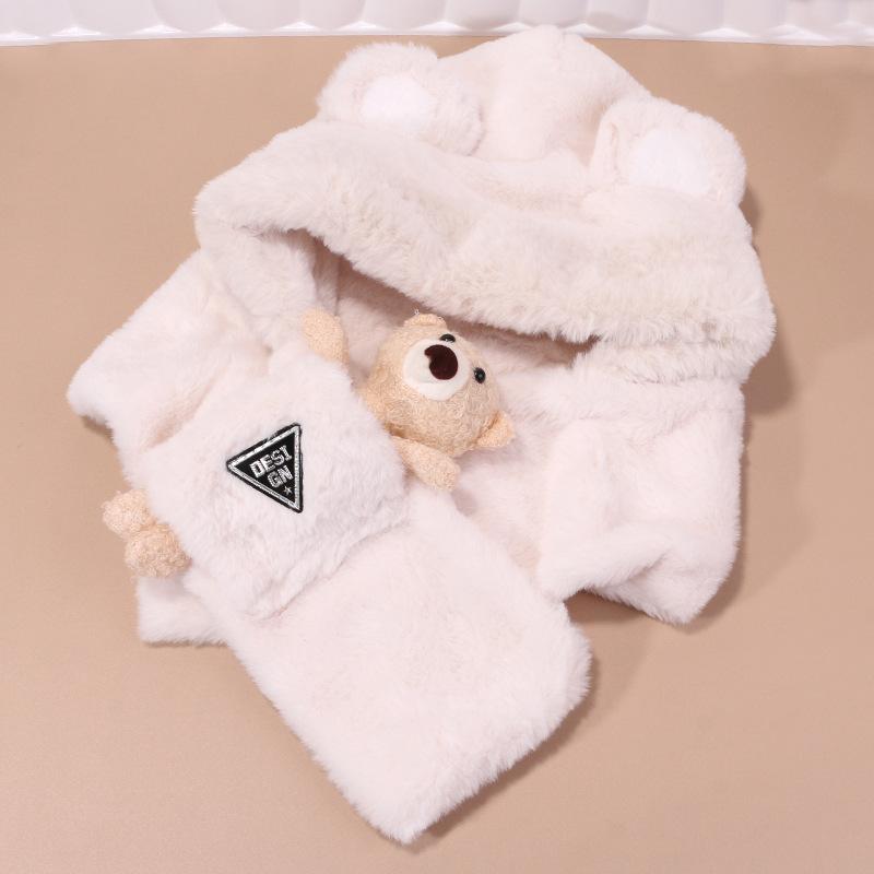 Bear Ear Hat Scarf Integrated for Women's Autumn and Winter Korean Version Versatile Cute Hooded Plush Warm Hat Trendy Lei Feng Hat