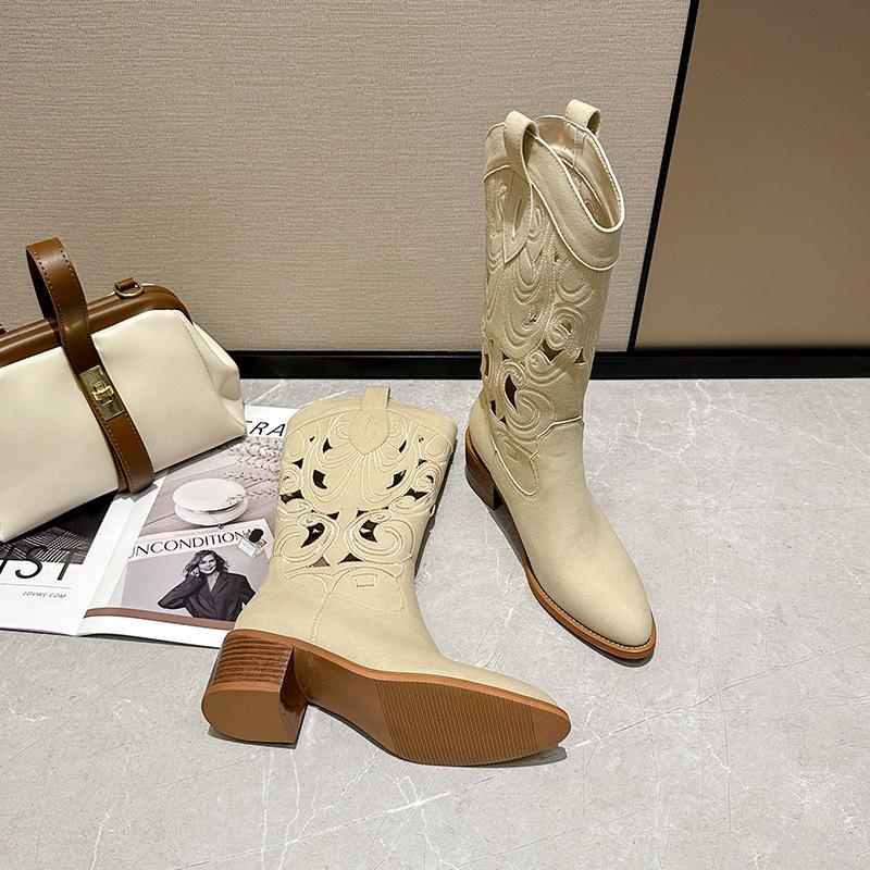 Western Cowboy Boots 2025 Spring and Autumn Thick Heel V-neck Embroidered Hole Knight Boots Retro Size Breathable Women's Boots