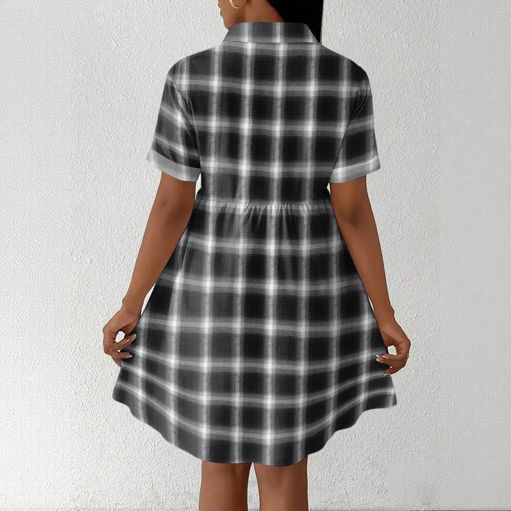 Women’s Casual Loose Fit Shirt Dress Button Front Stand Collar Plaid Pattern Short Sleeve Relaxed Tunic Dress for Daily Wear