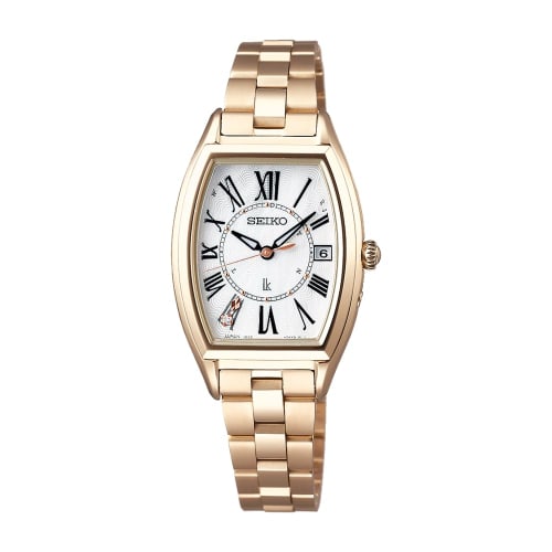 Seiko Watch Lucia Lady Gold Solar Radio-Controlled Titanium Model, Tonneau Shape, Mother-of-Pearl Dial with Diamonds, Sapphire Crystal, Water Resistan