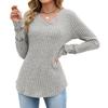 Solid Color V Neck Lace Patchwork Loose Long Sleeve Brushed T Shirt