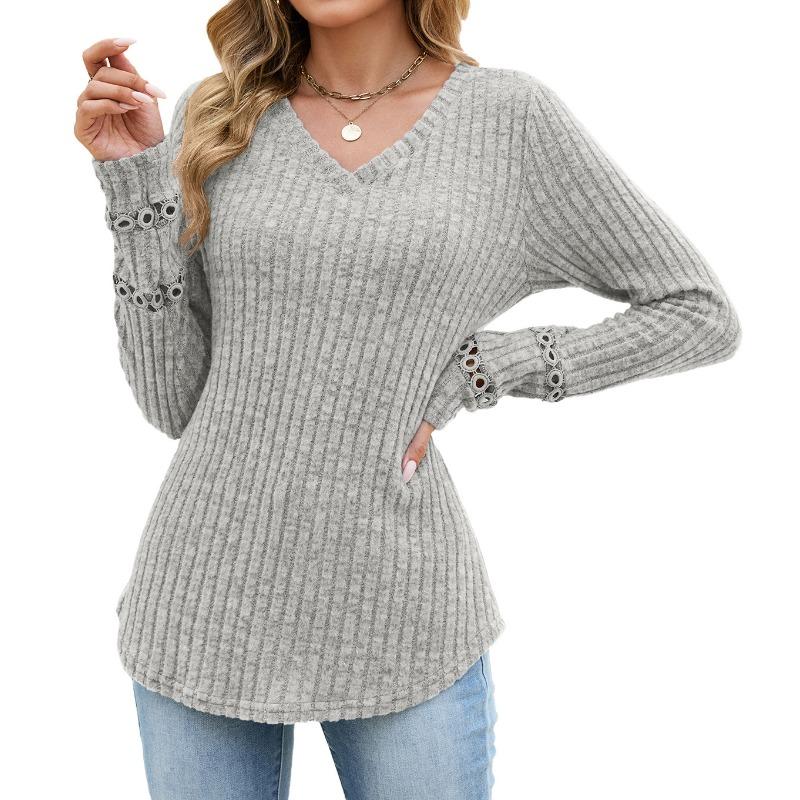 Solid Color V Neck Lace Patchwork Loose Long Sleeve Brushed T Shirt