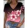 Summer V-neck 3D Flower Themed Pattern Printed Top Fashionable Casual Short Sleeved Women's T-shirts