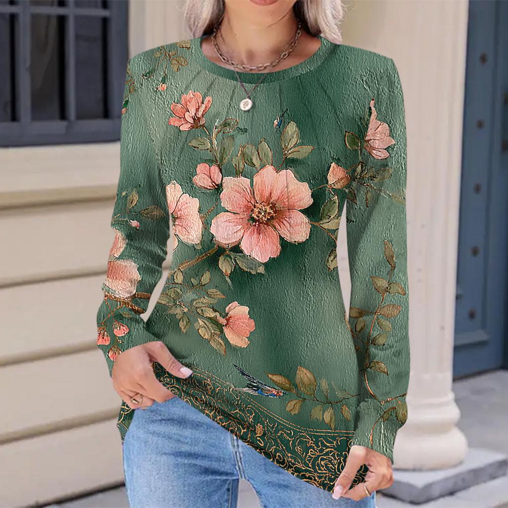 Women's Fashionable Casual Floral Retro Print Pleated Comfortable Round Neck Loose Long Sleeve T-shirt Top