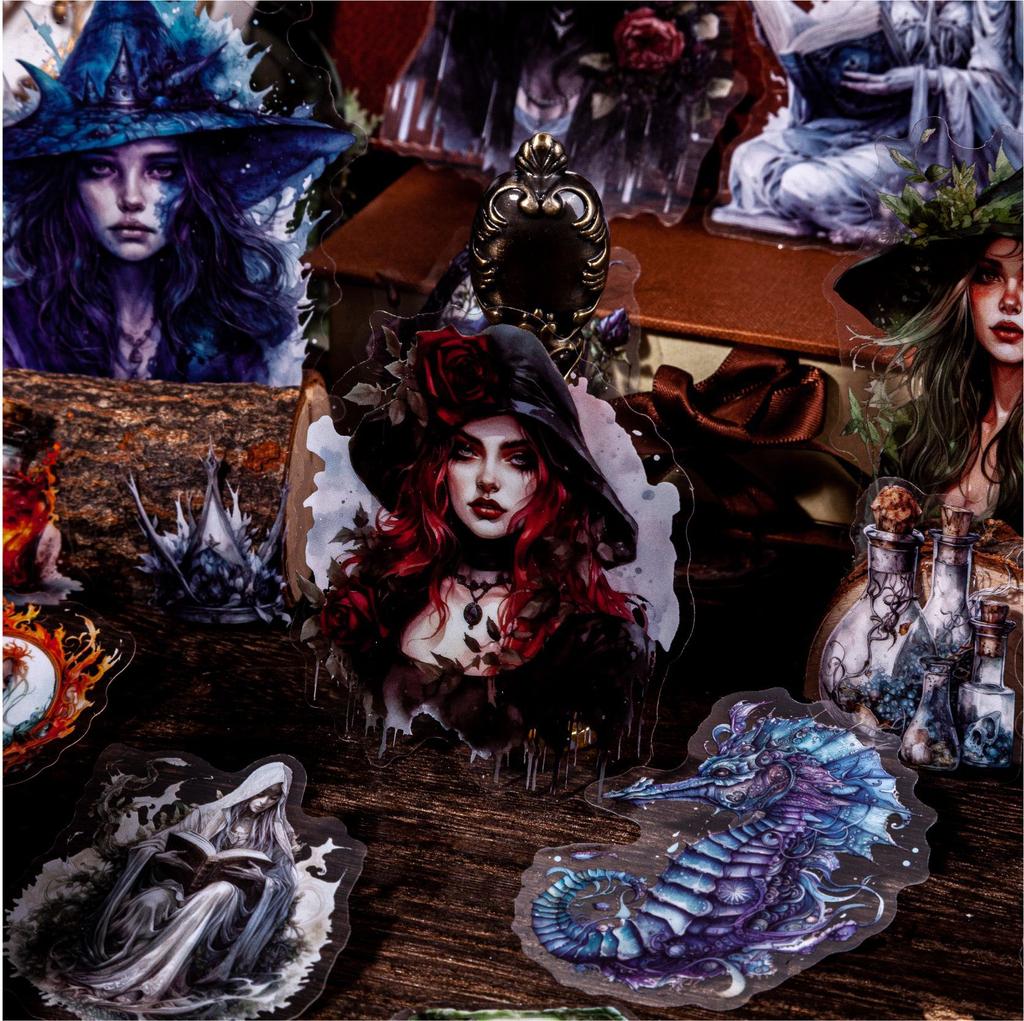 20 Pcs Vintage Gothic Witch Themed PET Stickers Wrapped with Handbill Material Decorative Collage Junk Journal Supplies