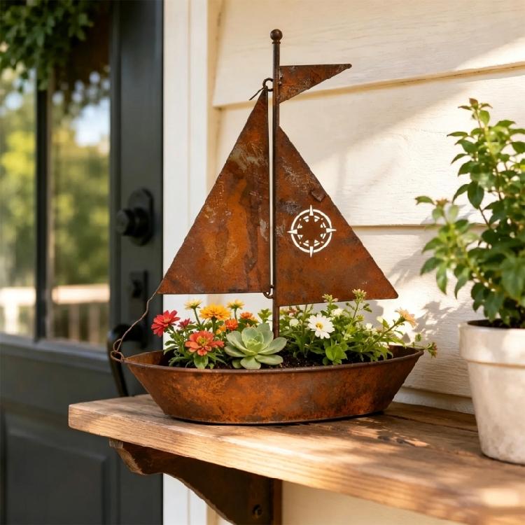 Versatile Metal Sailboats Flower Pot Artistic Sailboats Shape Alloys Planter for Home Office Or Garden Decoration