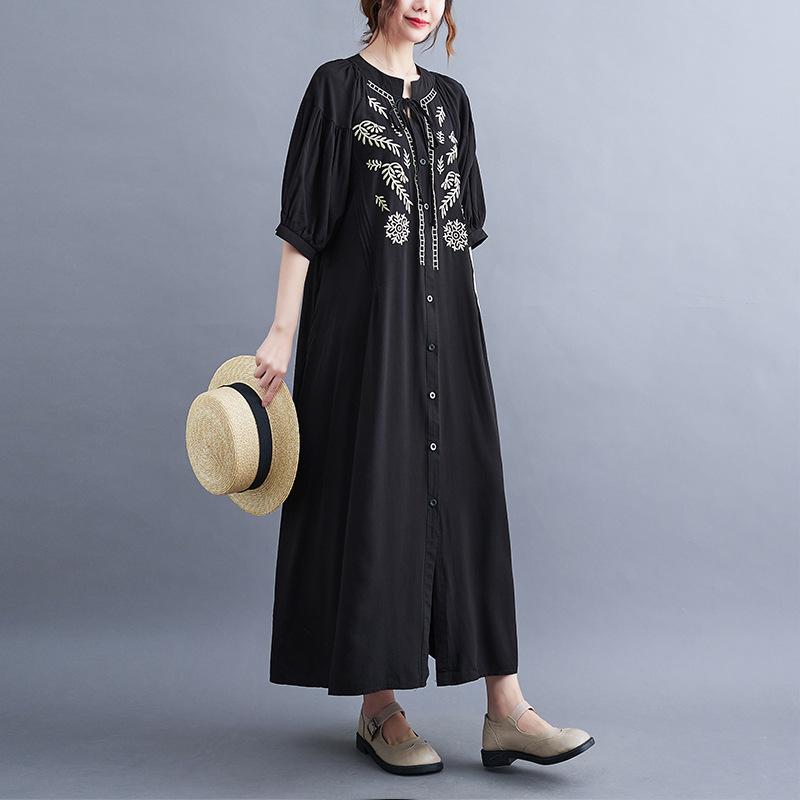 2024 Summer New plus Size Women's Loose and Comfortable Fashion Embroidery Cardigan Casual Mid-Length Dress