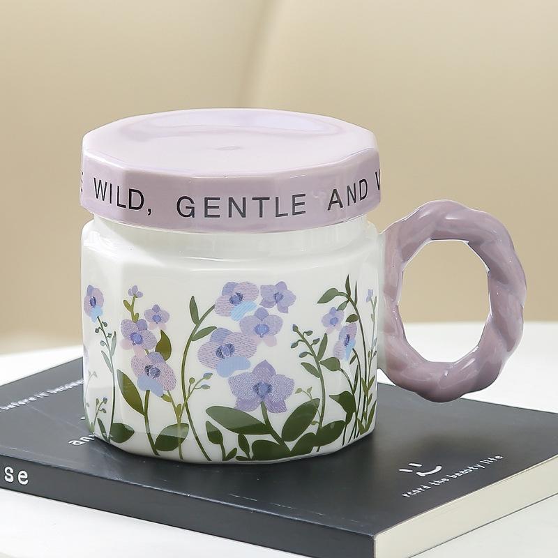 Flower Ceramic Mug with Lid High Value Water Cup Home Coffee Cup Office Birthday Gift Female Souvenir