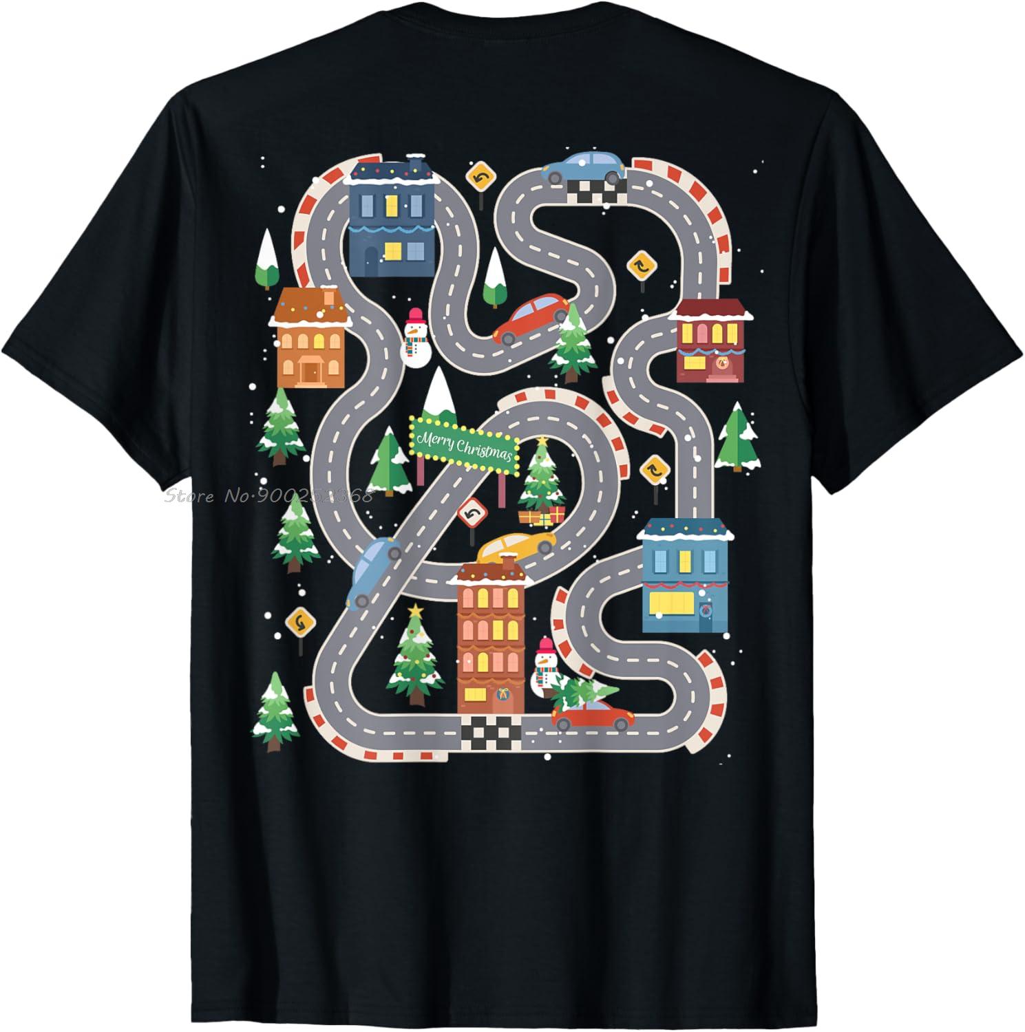 Christmas Playmat Car Race Track On Back Daddy Car TShirt Summer New Hip Hop Tees Cotton Casual Tshirt Fashion Men T Shirt S