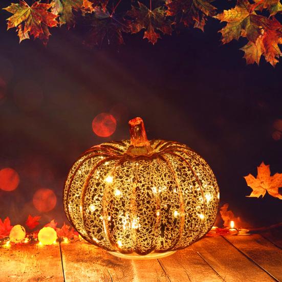 Glass Pumpkin Lights LED Lighted Pumpkin Fall Thanksgiving Table Centerpiece for Bedroom Bathroom Hallway Home Decoration