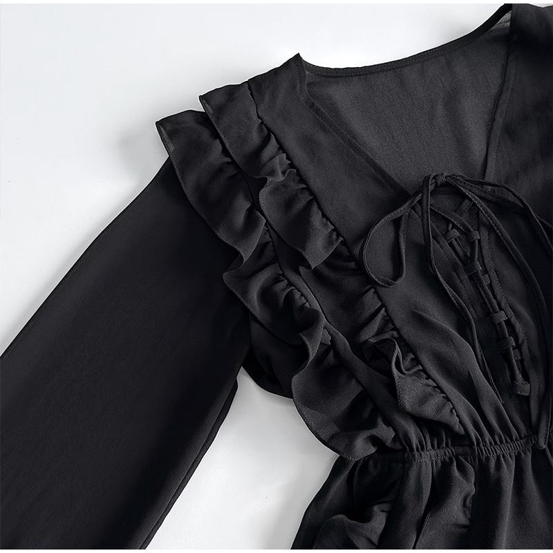 Elegant Ruffles Mini Dress Women V Neck Hollow Out Lace Up Long Sleeves Lace Dresses  Solid Color High Waist Dress