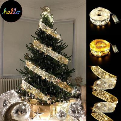 50 LED 1M/2M/5M Double Layer String Fairy Lights Christmas Ribbon Bows with LED Christmas Tree Ornaments New Year Xmas Home Decoration