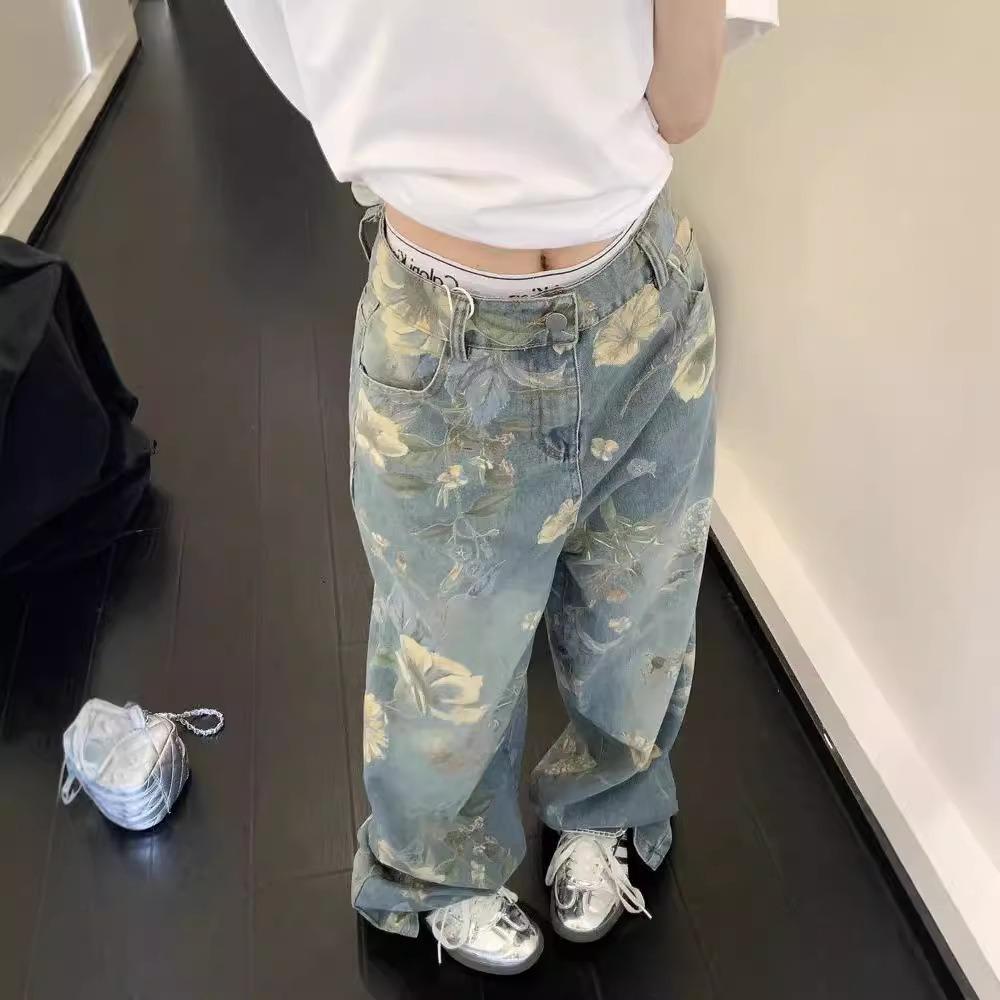 Women's High Rise Wide Leg Jeans Loose Fit Floral Printed Vintage Wash Denim Trousers Lazy Streetwear Long Pants For Spring Summer