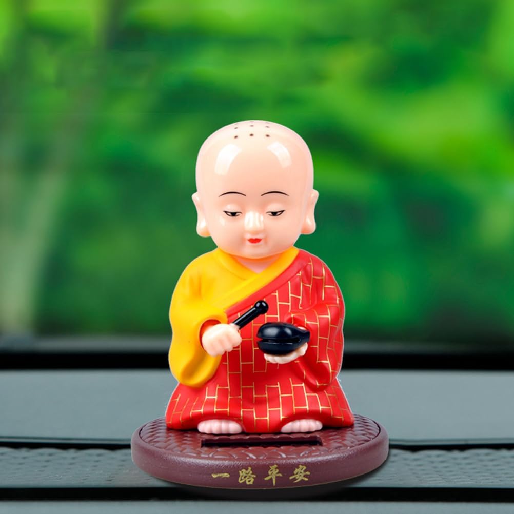 PRETYZOOM Little Monk Figurine, Solar-Powered Monk Ornament Car Dashboard Decoration, Plastic Monk Buddha Statue Bobble Head Toy for Home Office