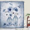 Rustic Farmhouse Blue Floral Shower Curtain, Farm Daisy Flowers and Butterfly Shower Curtain for Bathroom,   Boho Shower Curtain