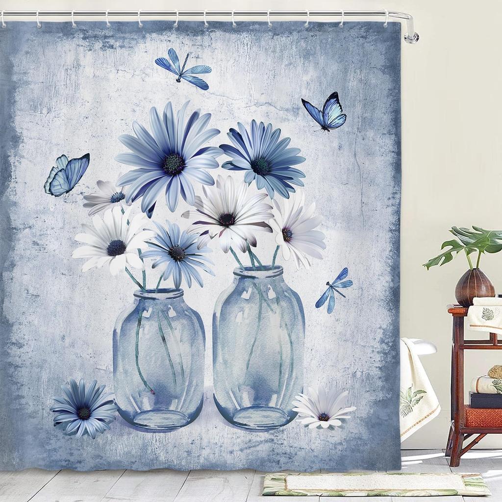 Rustic Farmhouse Blue Floral Shower Curtain, Farm Daisy Flowers and Butterfly Shower Curtain for Bathroom,   Boho Shower Curtain