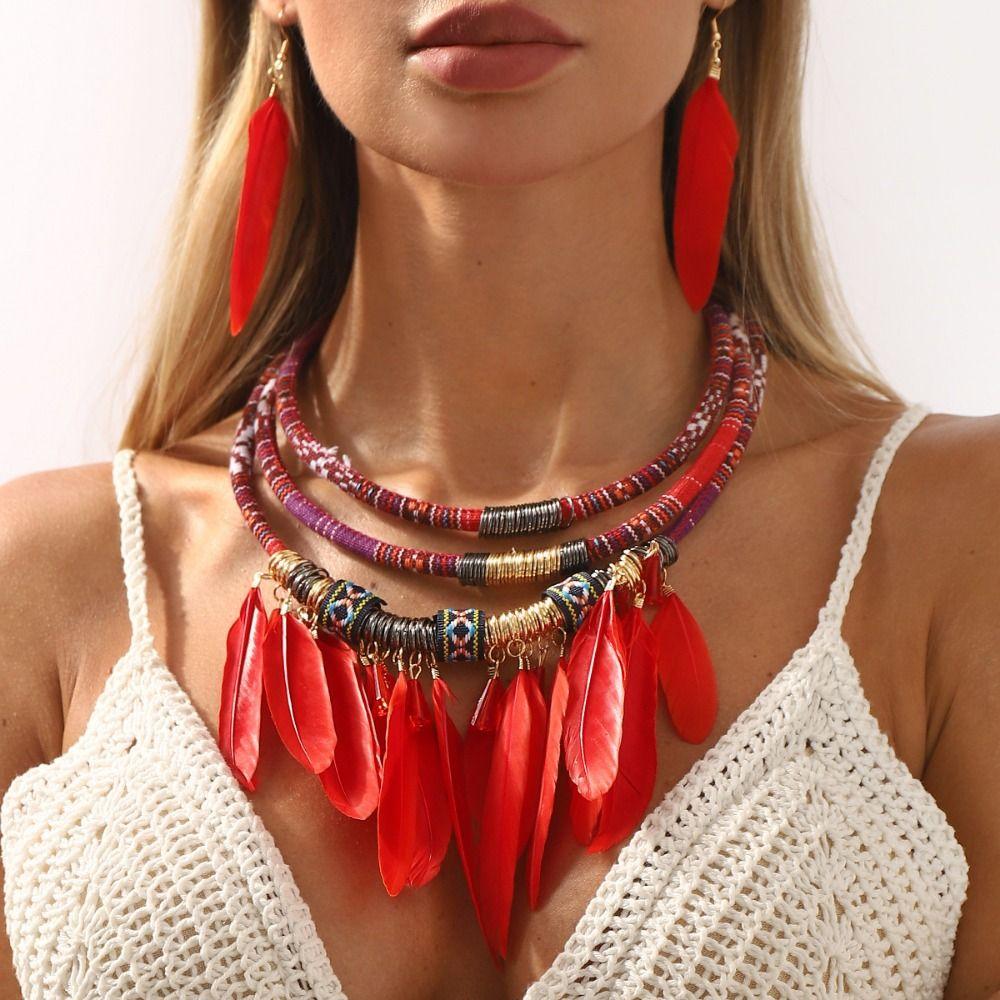 Fashion Bohemian Necklace Vintage Necklace Earrings Set Feather Tassel Necklace  Dating Accessories