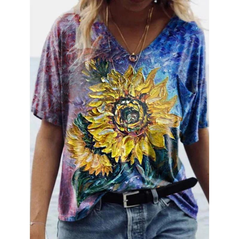 Summer Scenery Flowers Plants 3D Printed Short Sleeved T-shirt Women's Loose Short Sleeved Top V-neck T-shirt