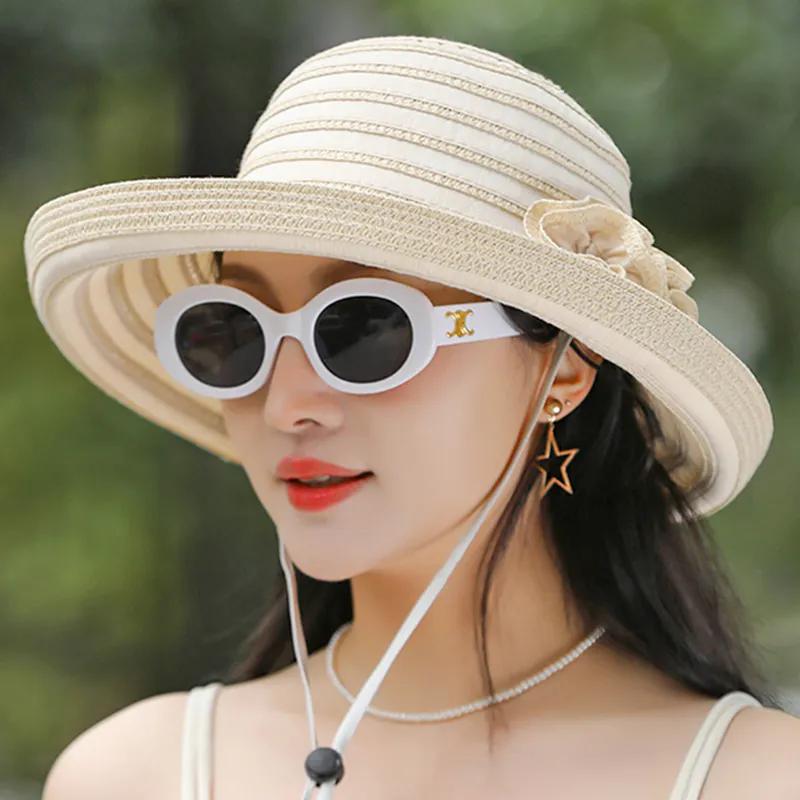 WTEMPO Windproof Rope Two-flower Solid Color Spring Summer Foldable Straw Hats Women's Wide Brim Travel Beach Breathable Sun Hats