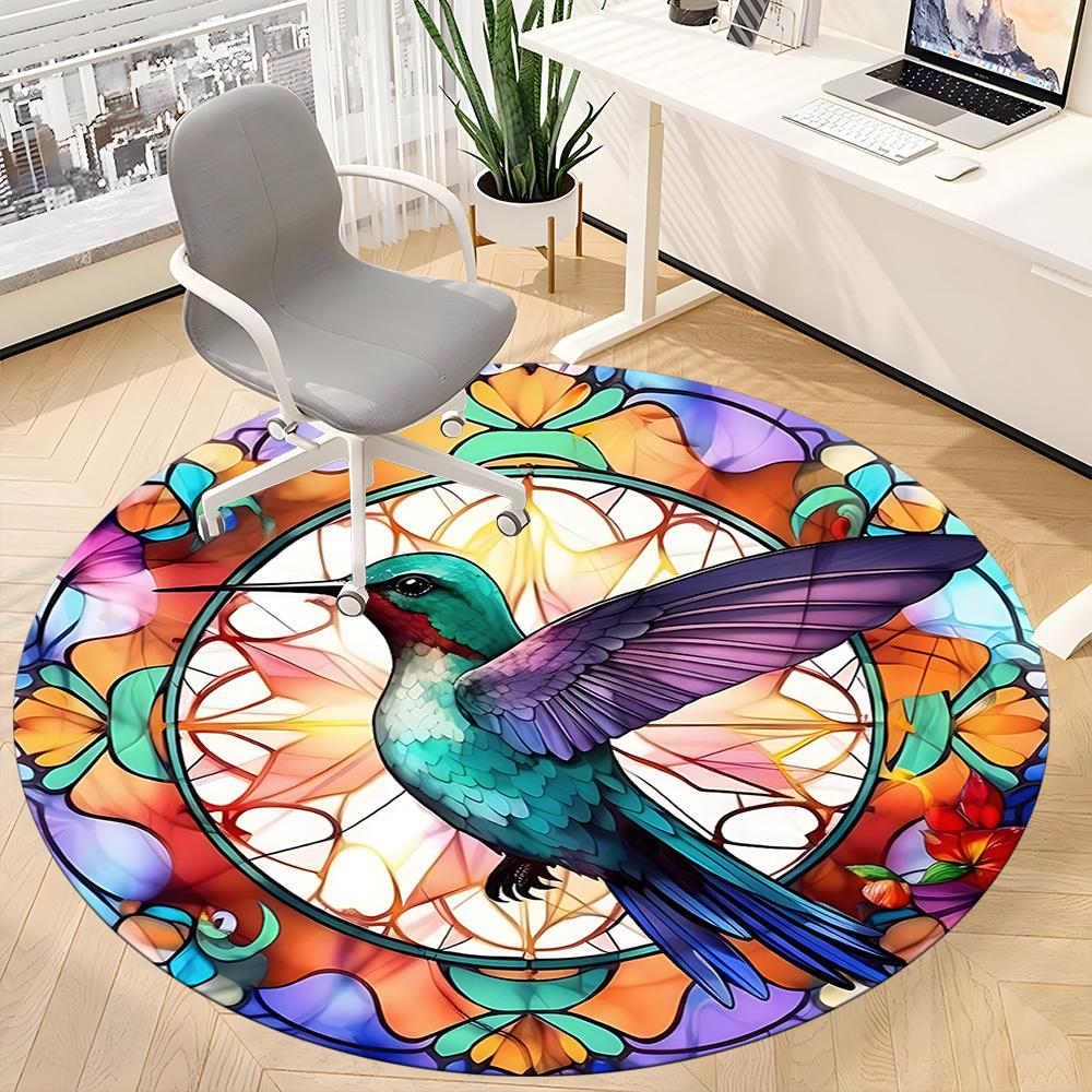 1pc Hummingbird StainedGlass Office Round Area Rug, Under Office Chairs Bedroom Living Room Home Decor, Room Deco