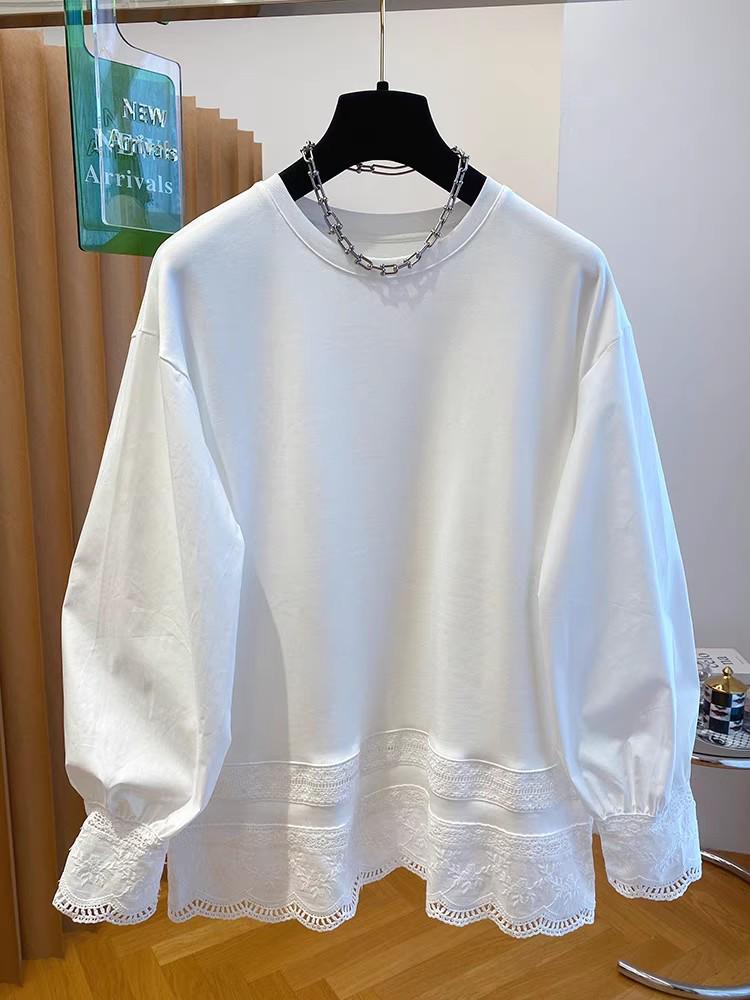 

Женская футболка с длинным рукавом и белой кружевной отделкой – Весенний корейский стиль, свободный крой XL белый