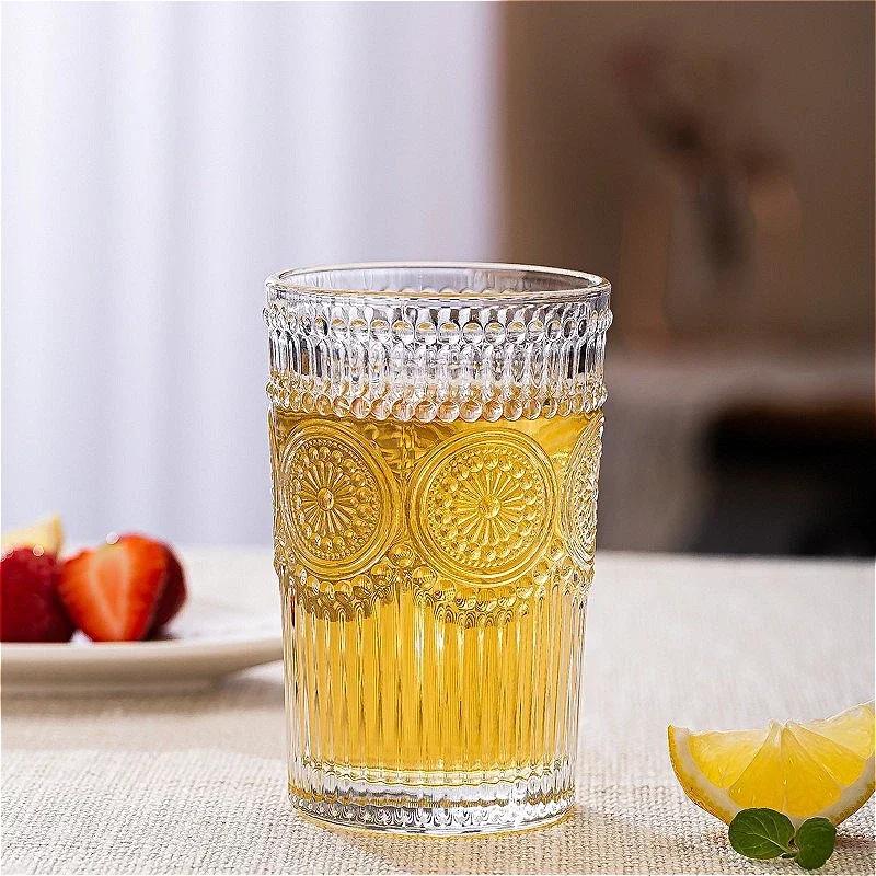 300ml/350ml Sunflower Pattern Glass Cup Exquisite Beer Glass Vintage Relief Water Cup Juice Milk Tea Mugs Household Drinkware