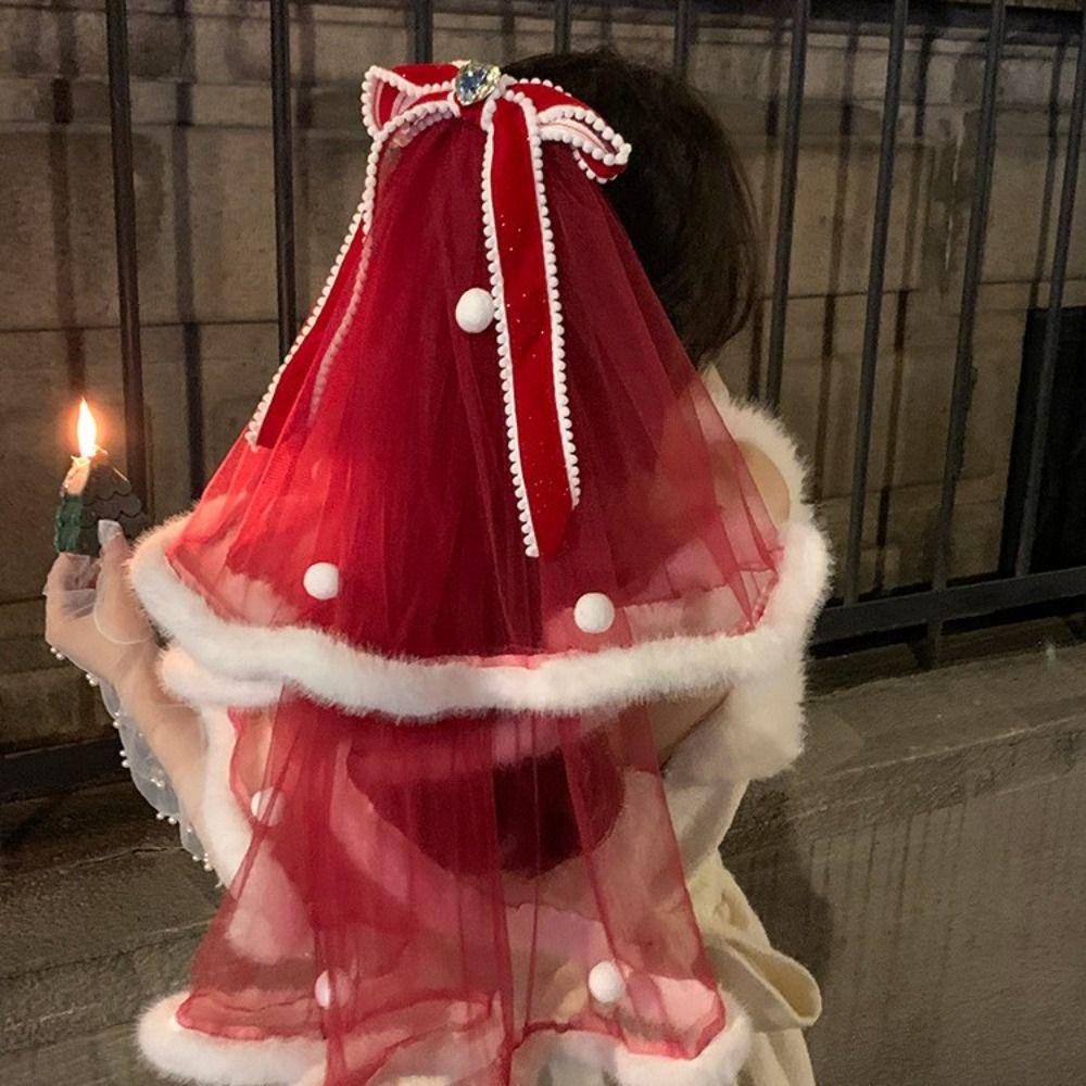 Bowknot Long Velvet Bow Veil Heart Christmas Hair Clip Premium Wedding veil  Wedding