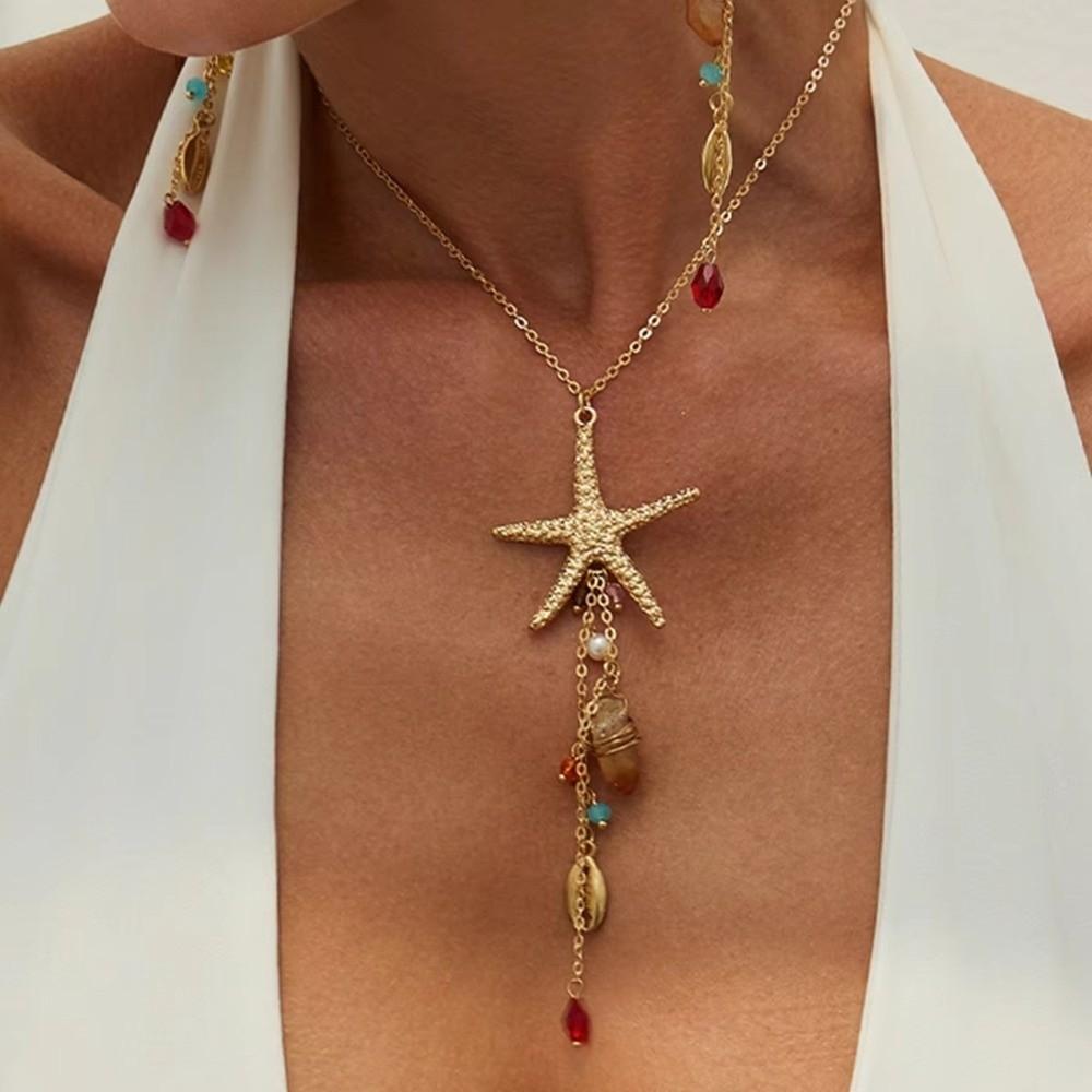 Crystal Pendant Starfish Shell Earrings Long Tassel Sea Series Necklace Resort Wear