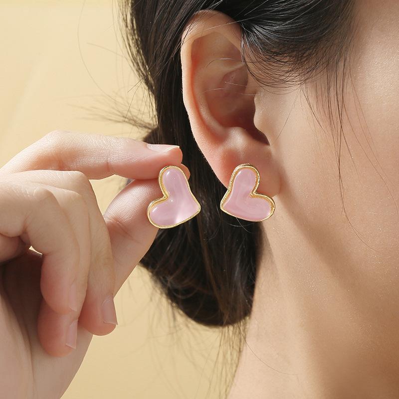 Earrings for Women Silver Needle Fresh Pink Resin Heart Earrings Niche Simple Stud Fashion Commuter Earrings for Women