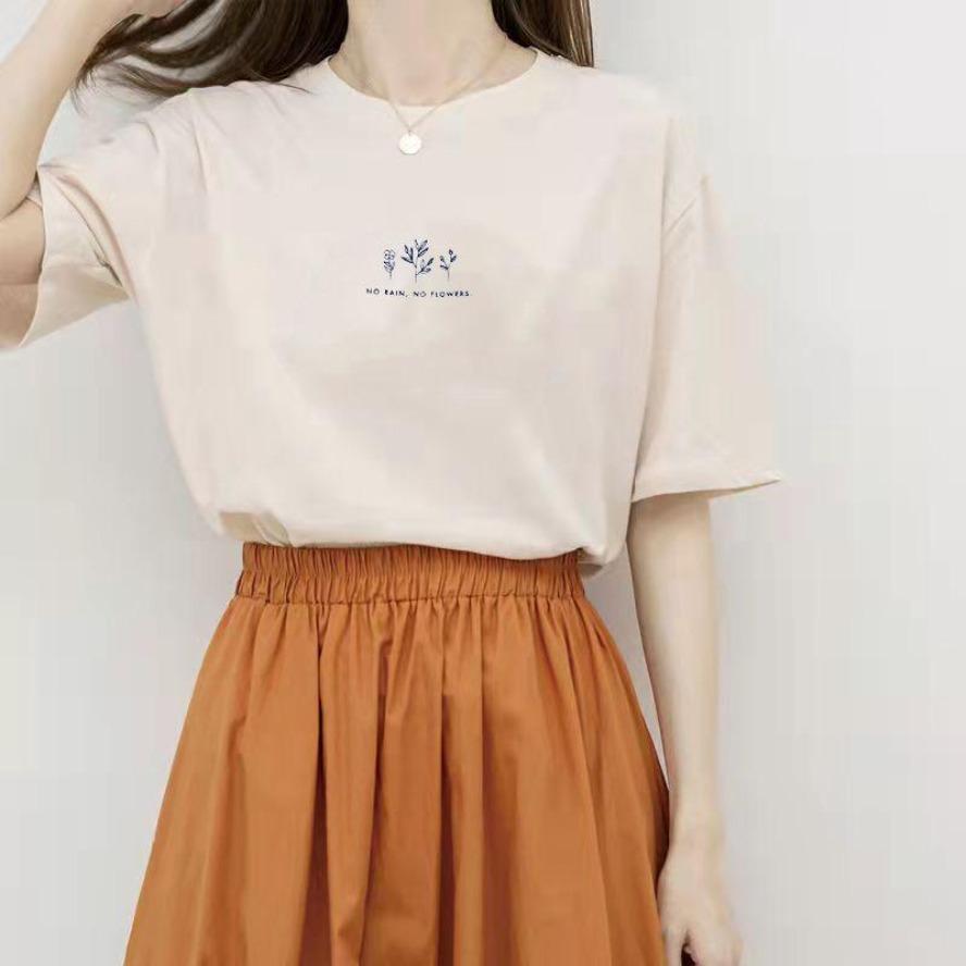 Summer Women Crew Neck T-shirt Loose Casual Solid Botanical Print Short Sleeve Tee T-shirts and Long Sleeves
