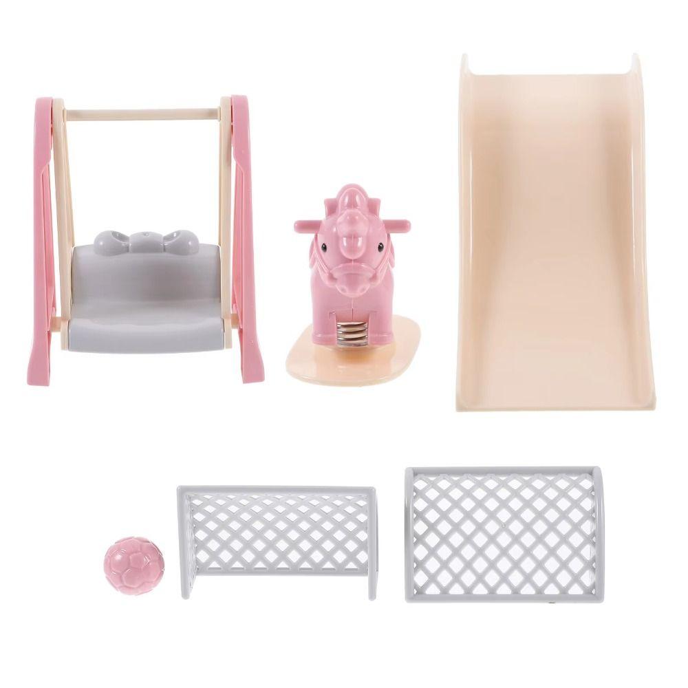 Wooden Horse Doll House Amusement Park Pretend Play Miniature Slide Swing  Model Decoration
